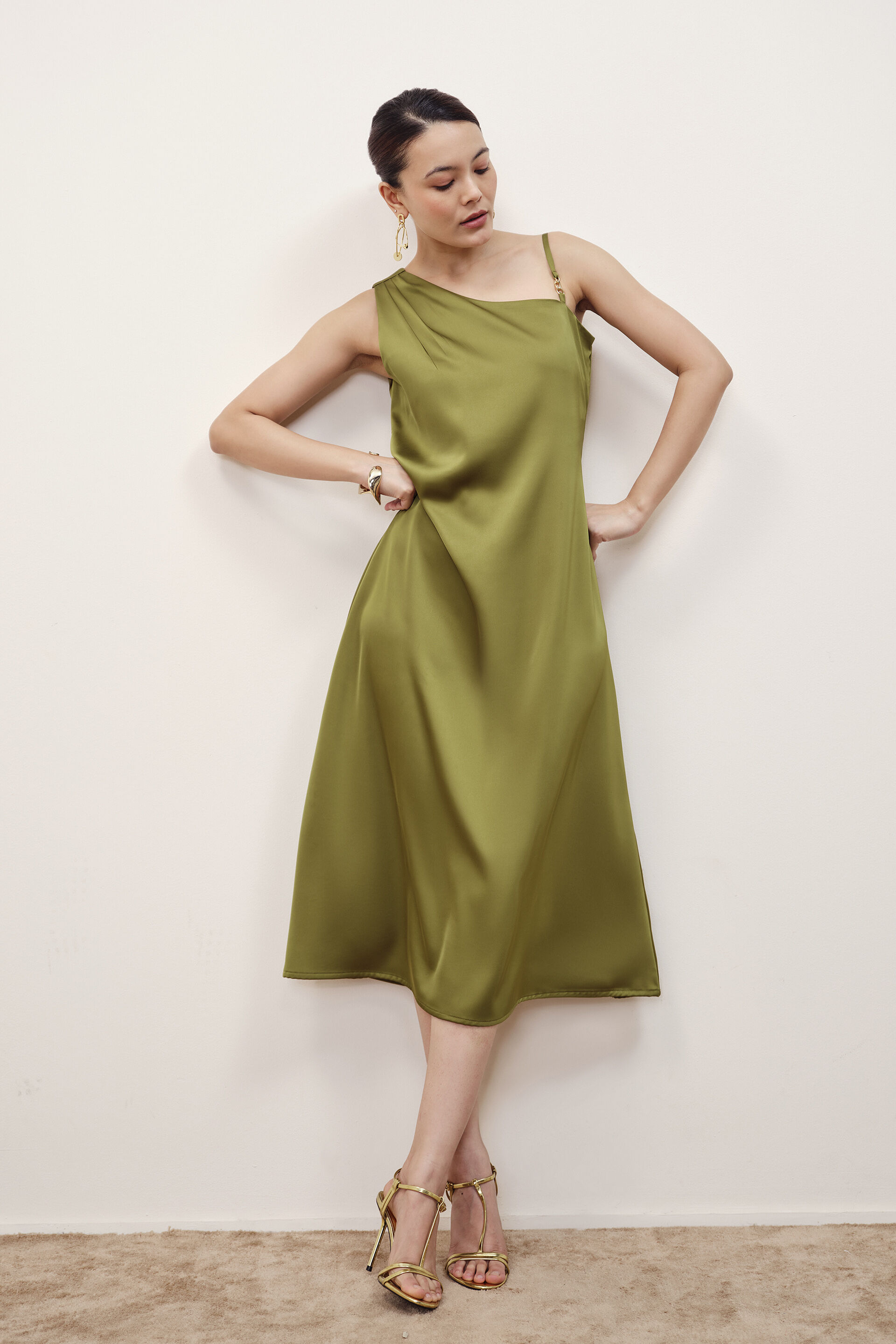 Olive One-Shoulder Satin Dress, Olive, image 3